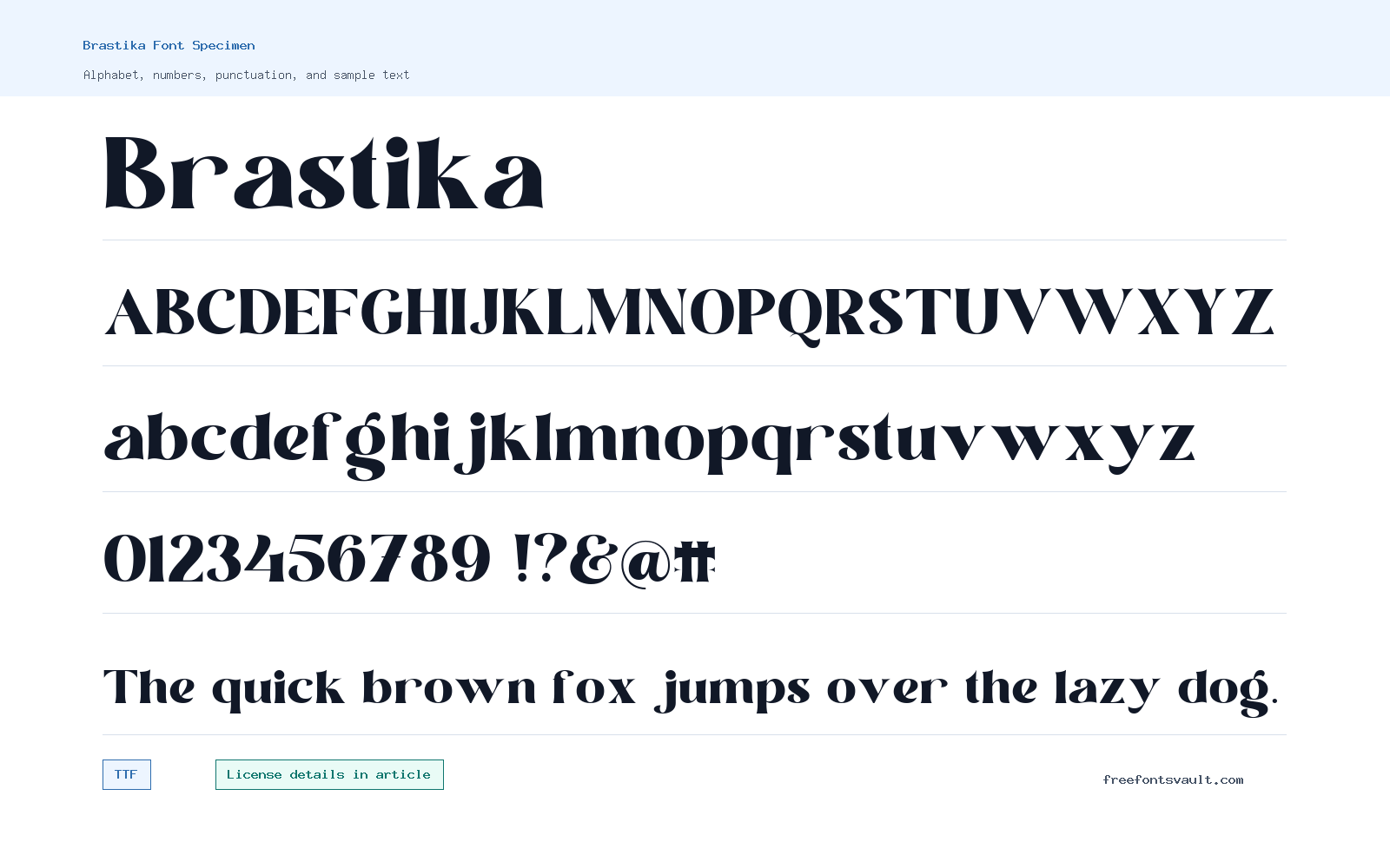Brastika font specimen showing alphabet, numbers, and sample text