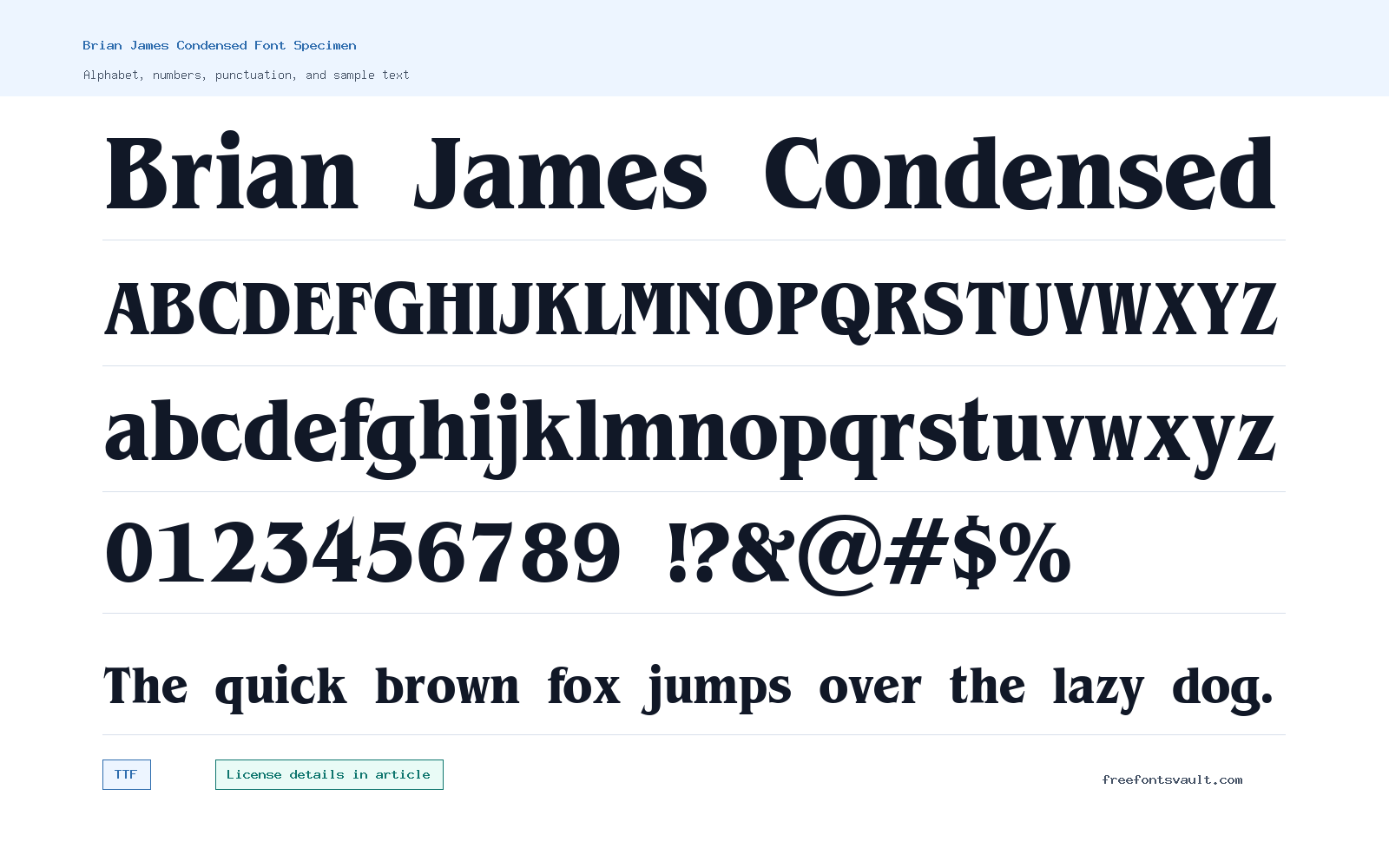 Brian James Condensed font specimen showing alphabet, numbers, and sample text