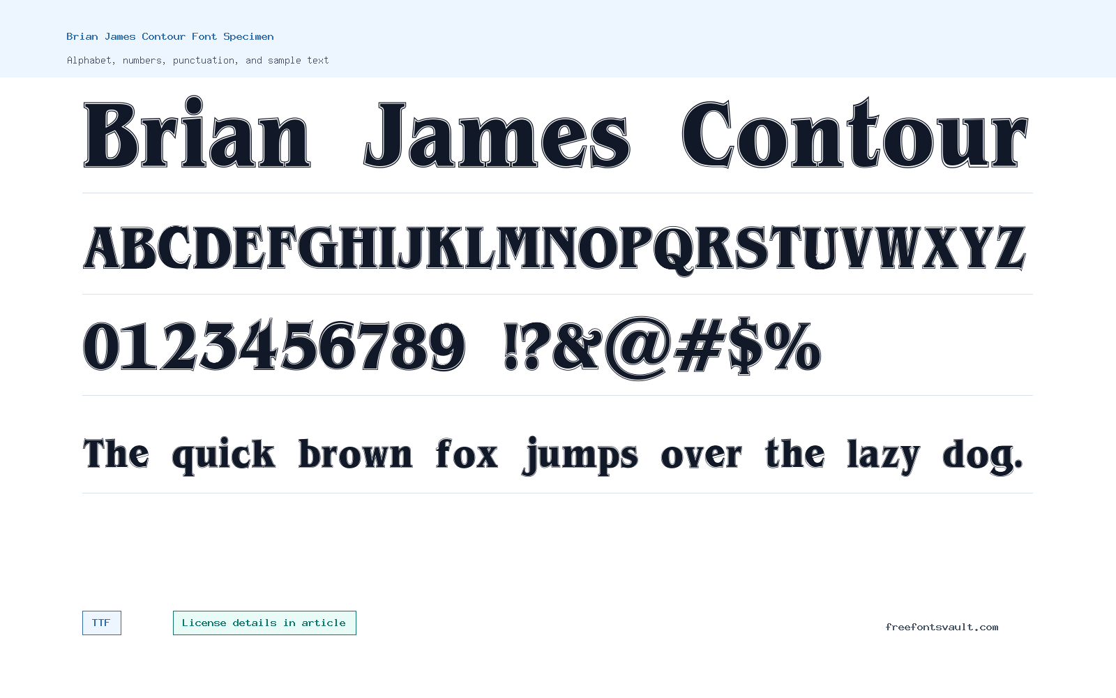 Brian James Contour font specimen showing alphabet, numbers, and sample text