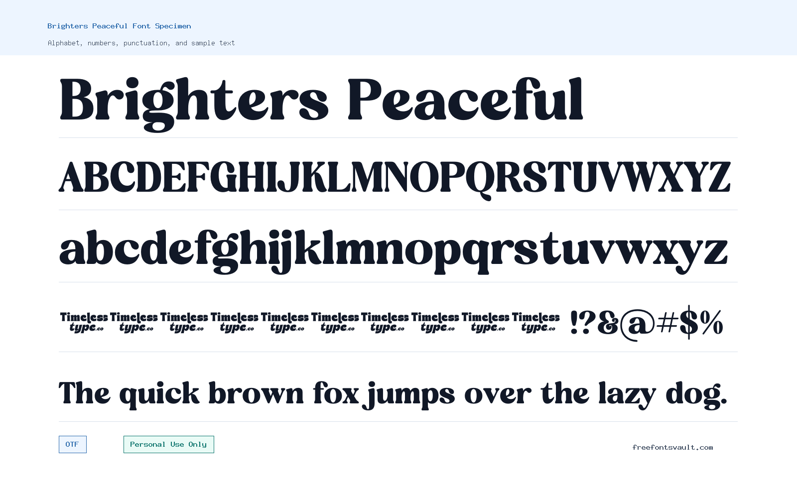 Brighters Peaceful font specimen showing alphabet, numbers, and sample text