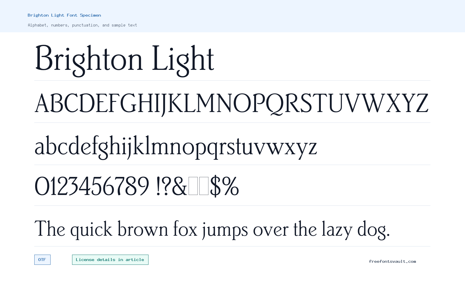 Brighton Light font specimen showing alphabet, numbers, and sample text