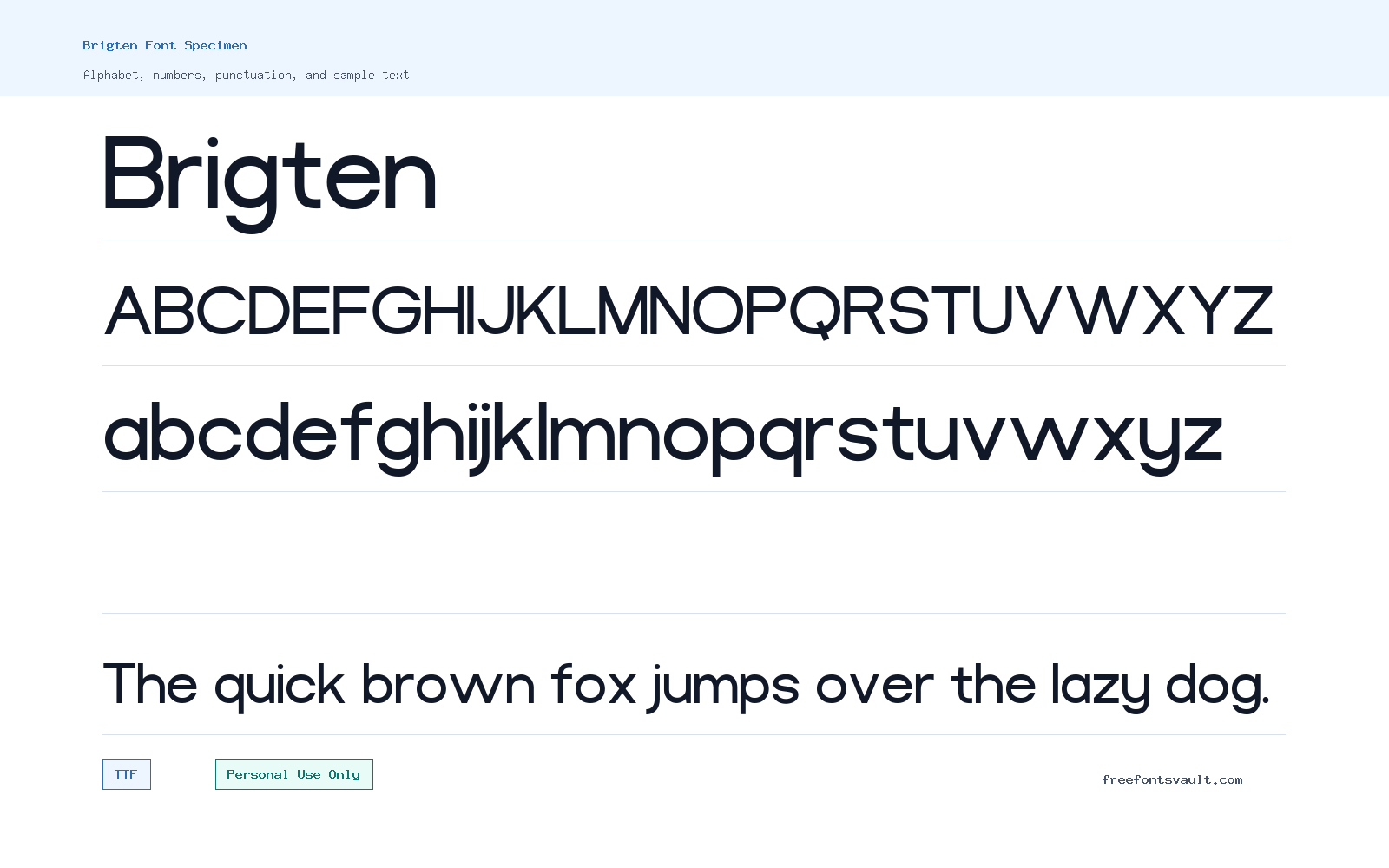 Brigten font specimen showing alphabet, numbers, and sample text