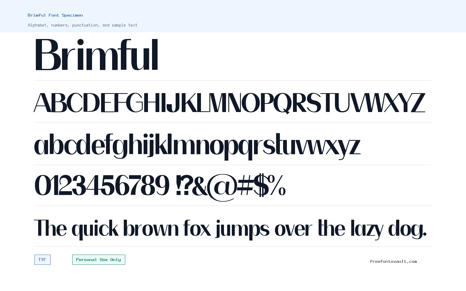 Brimful font specimen showing alphabet, numbers, and sample text