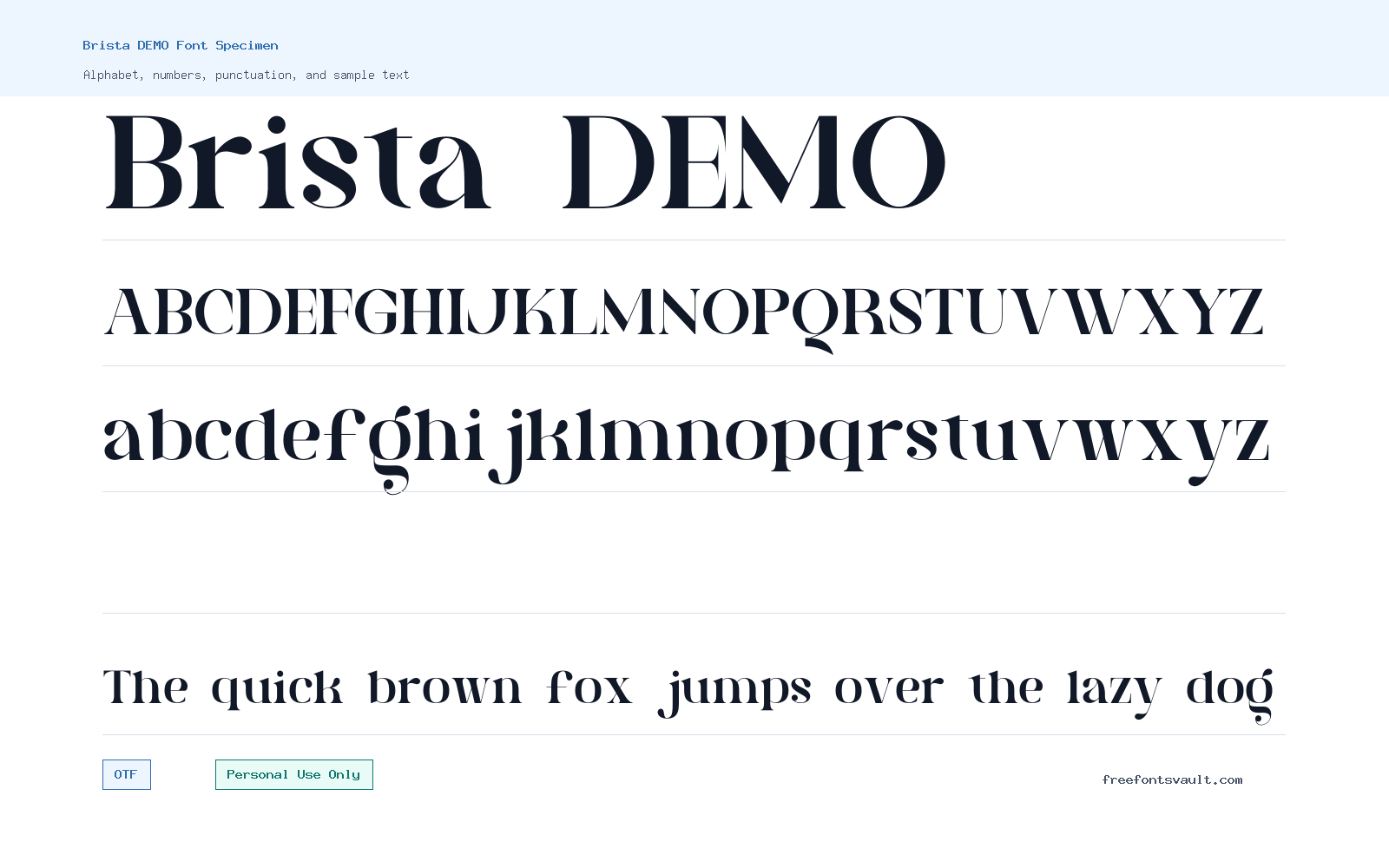Brista DEMO font specimen showing alphabet, numbers, and sample text