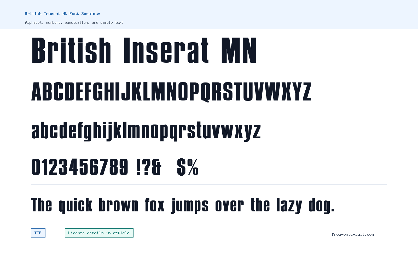 British Inserat MN font specimen showing alphabet, numbers, and sample text
