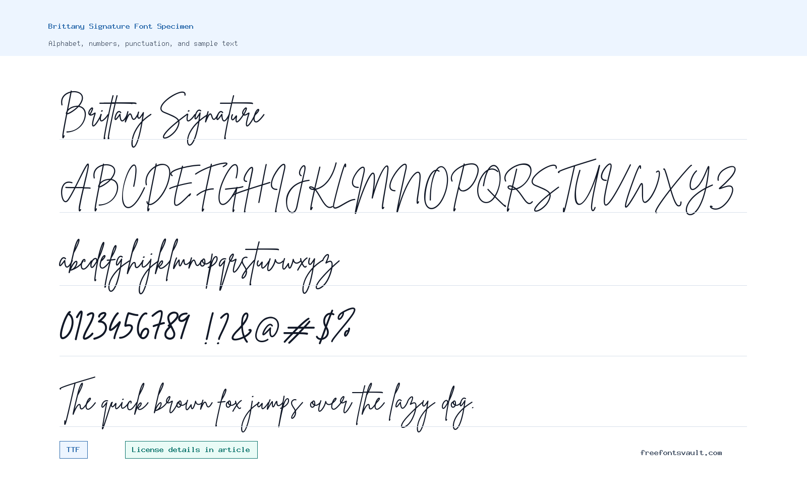 Brittany Signature font specimen showing alphabet, numbers, and sample text