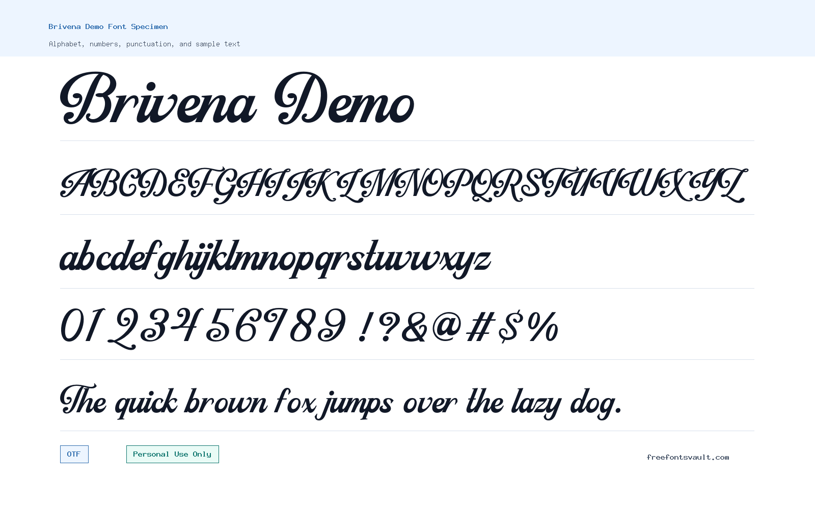 Brivena Demo font specimen showing alphabet, numbers, and sample text