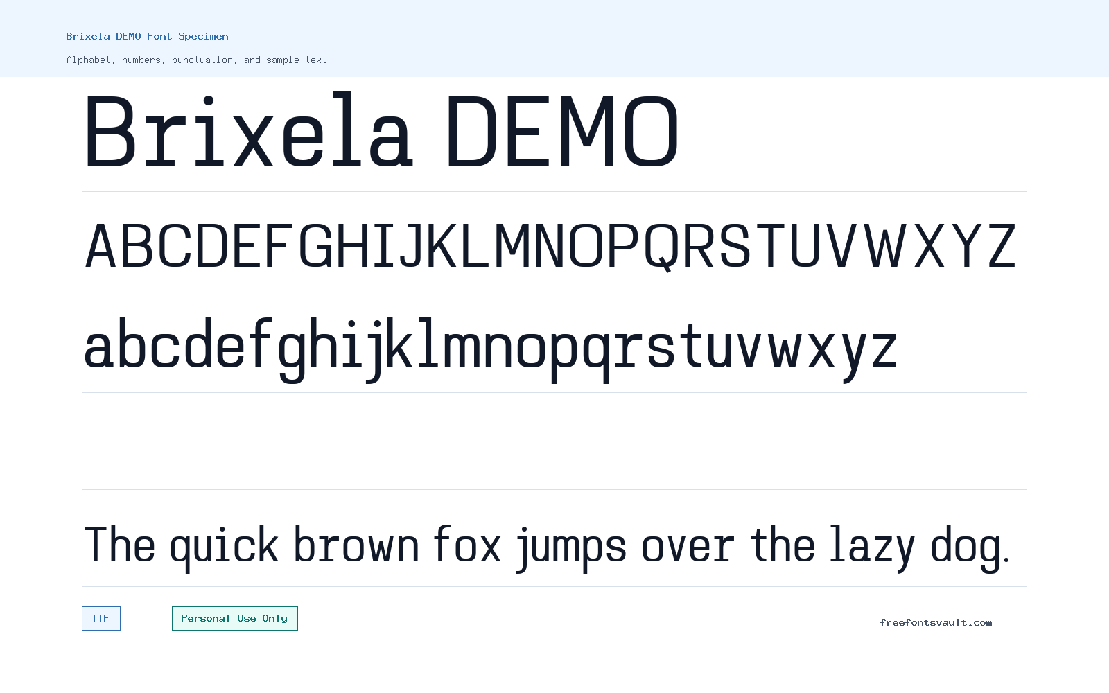 Brixela DEMO font specimen showing alphabet, numbers, and sample text
