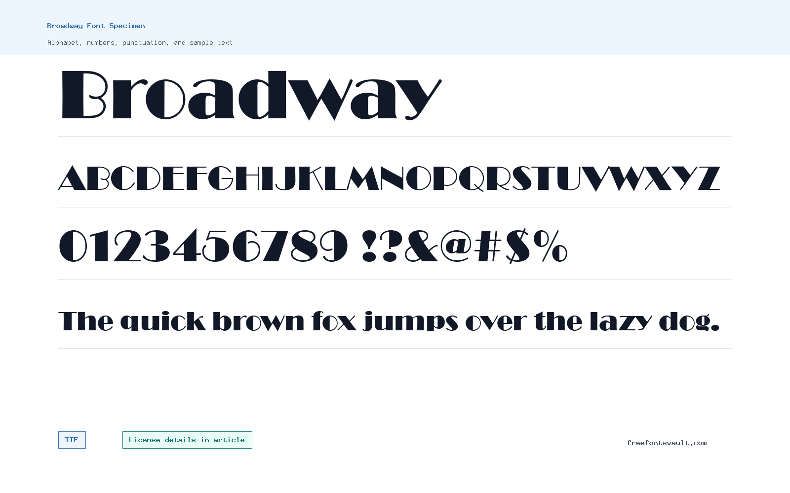 Broadway font specimen showing alphabet, numbers, and sample text