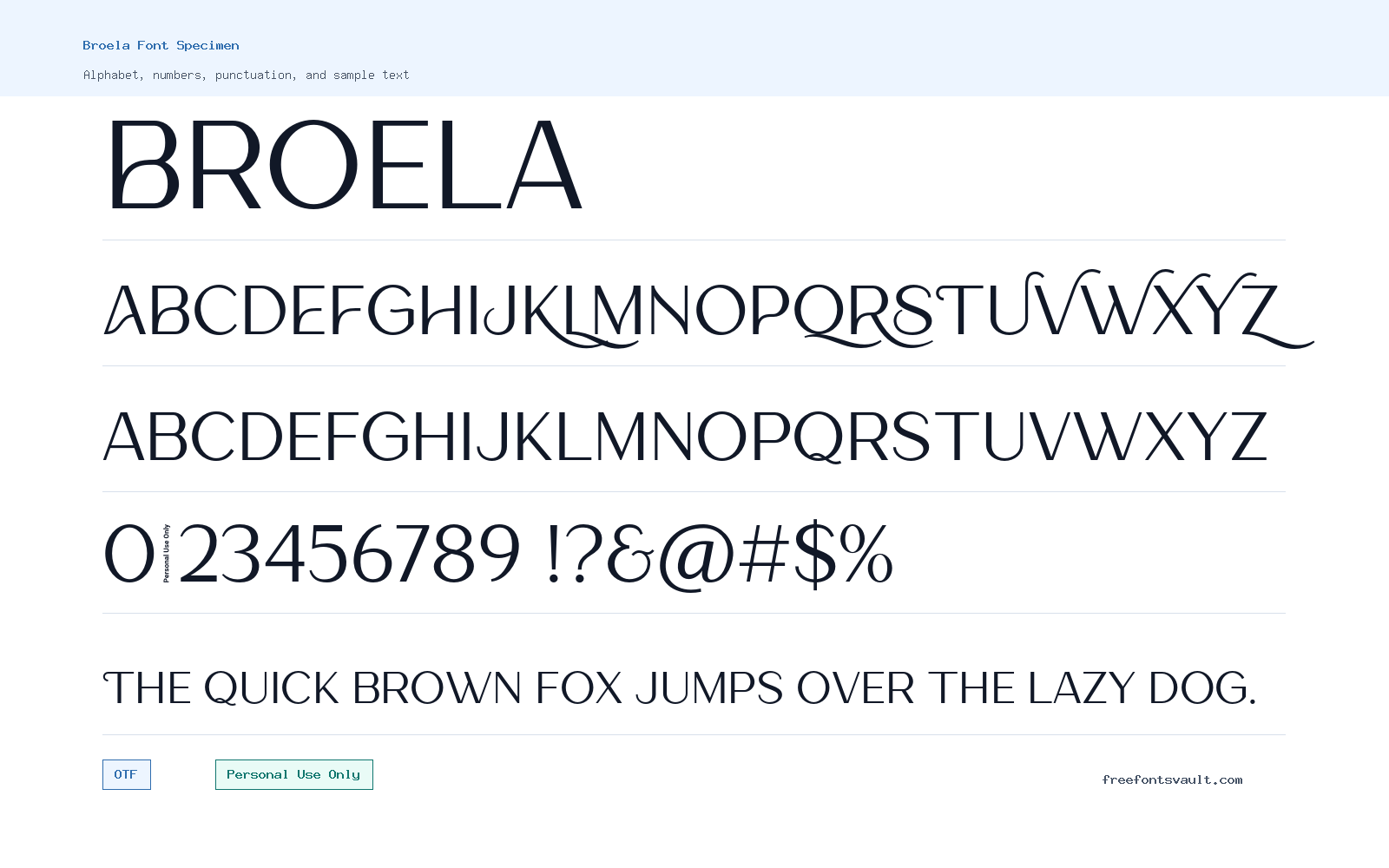 Broela font specimen showing alphabet, numbers, and sample text