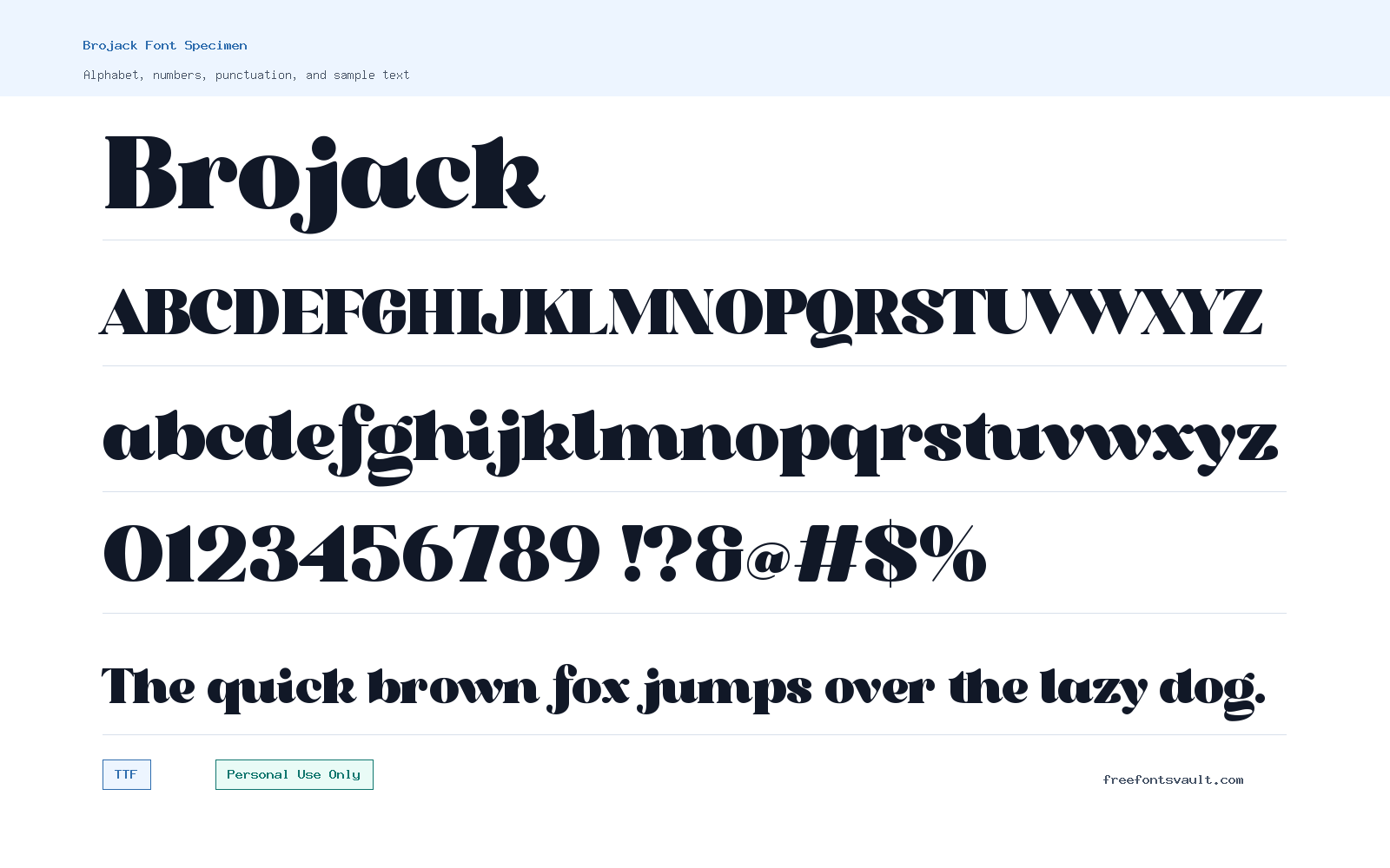 Brojack font specimen showing alphabet, numbers, and sample text