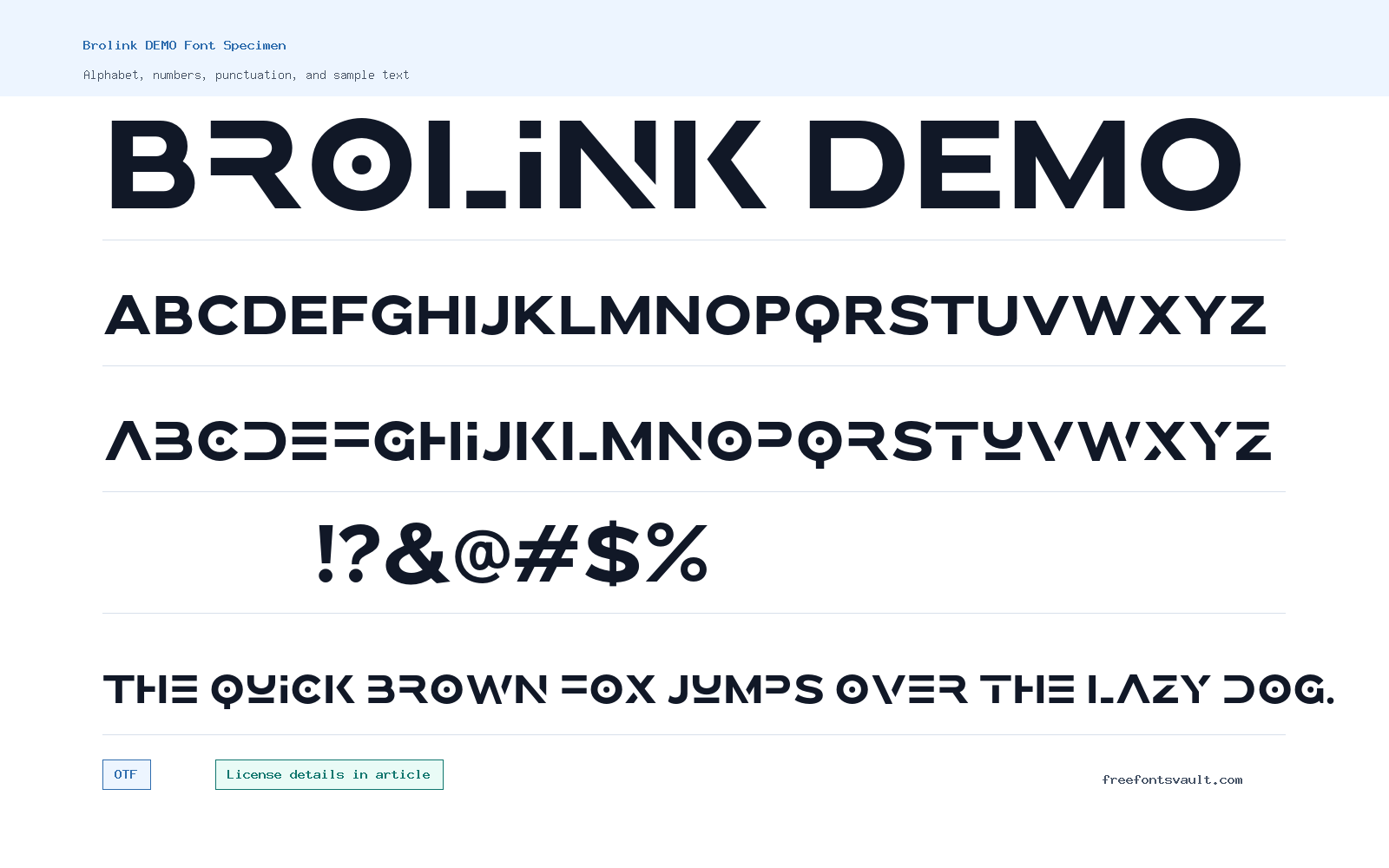 Brolink DEMO font specimen showing alphabet, numbers, and sample text