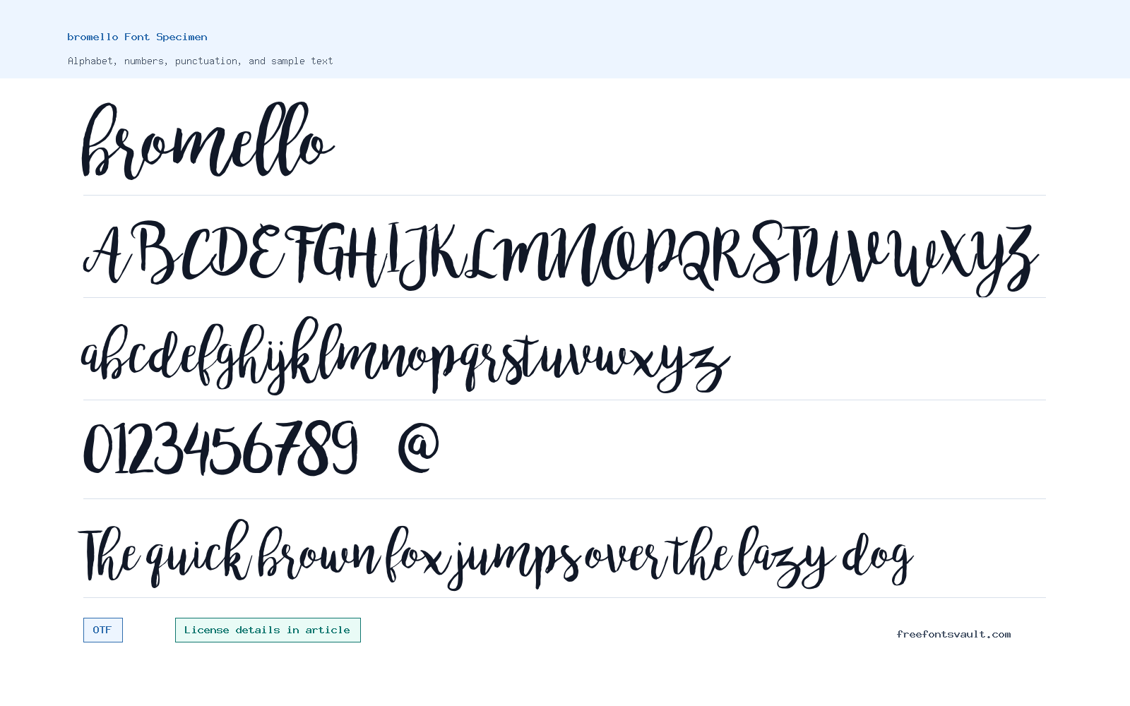 bromello font specimen showing alphabet, numbers, and sample text