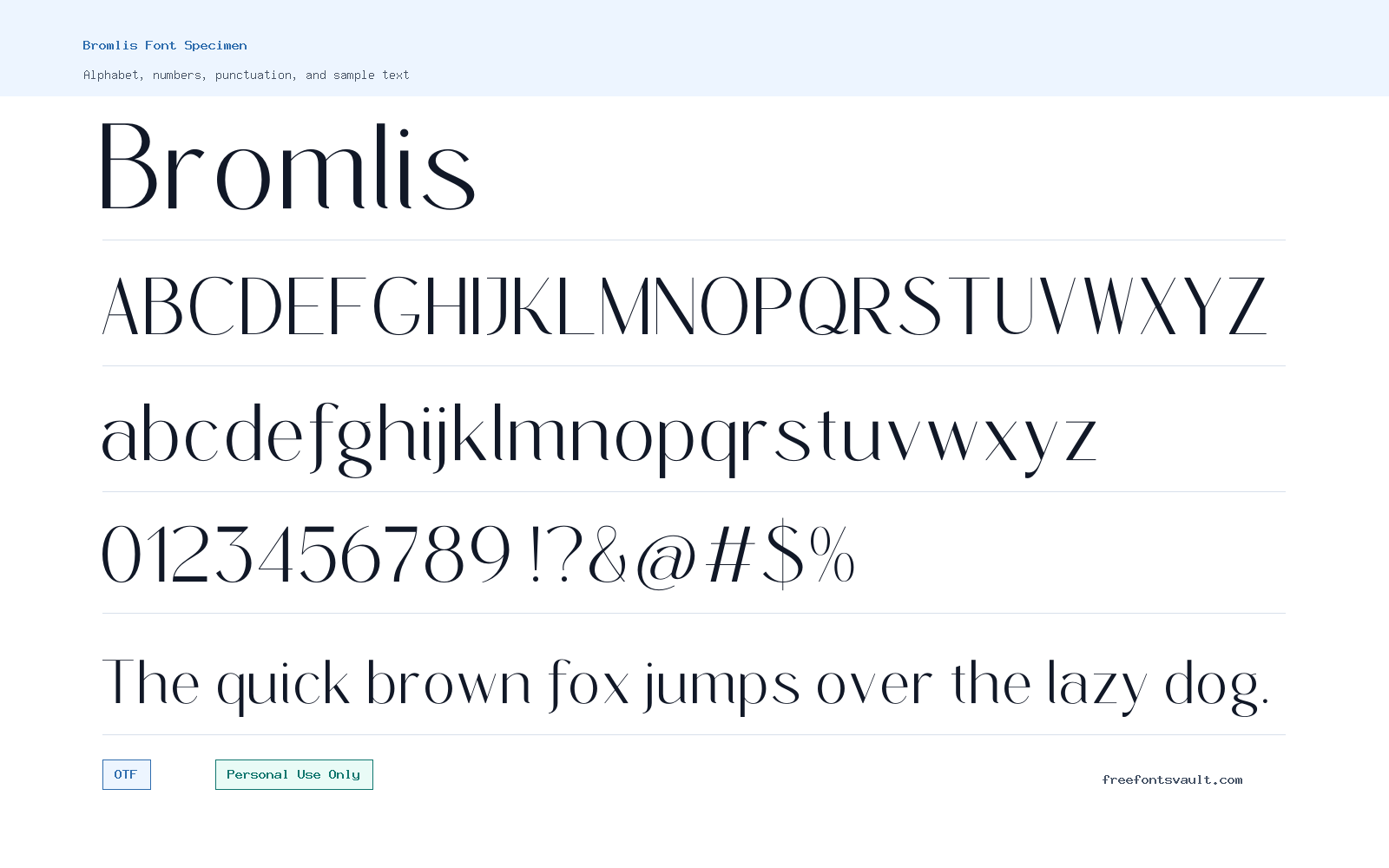 Bromlis font specimen showing alphabet, numbers, and sample text