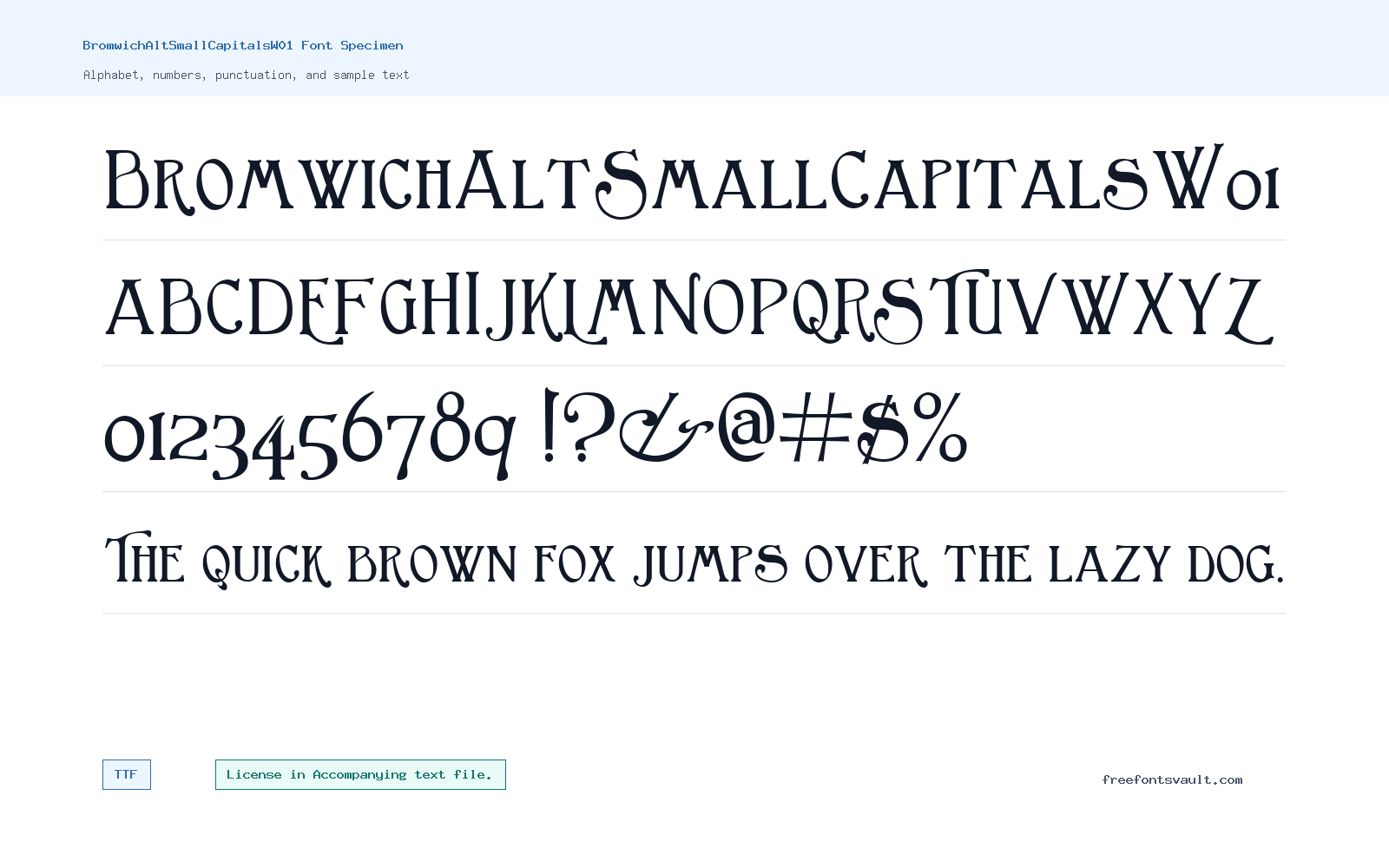 BromwichAltSmallCapitalsW01 font specimen showing alphabet, numbers, and sample text