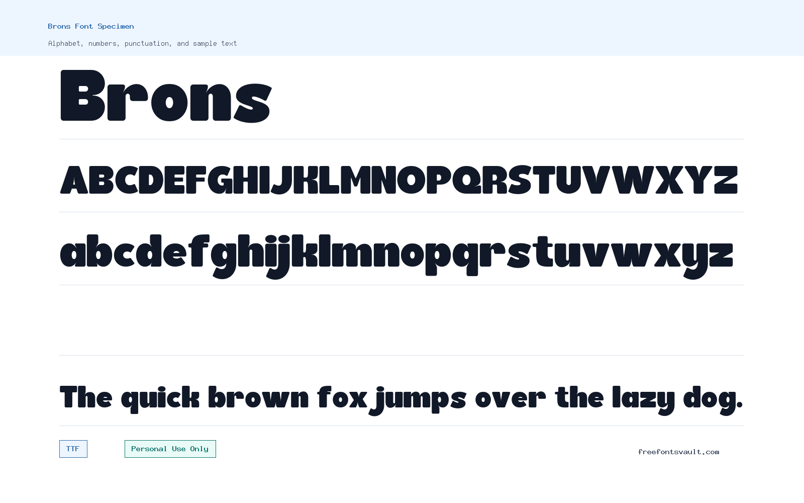 Brons font specimen showing alphabet, numbers, and sample text