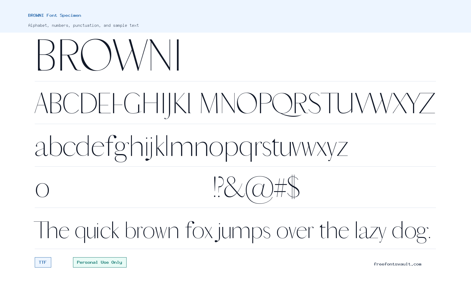 BROWNI font specimen showing alphabet, numbers, and sample text