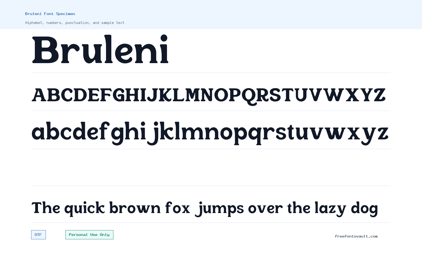 Bruleni font specimen showing alphabet, numbers, and sample text