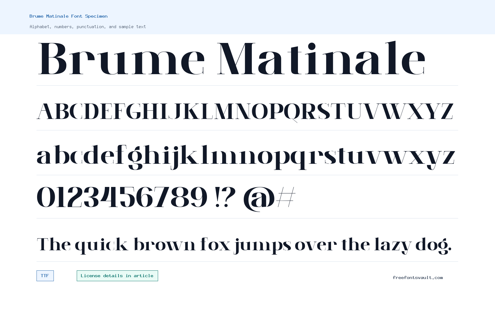 Brume Matinale font specimen showing alphabet, numbers, and sample text