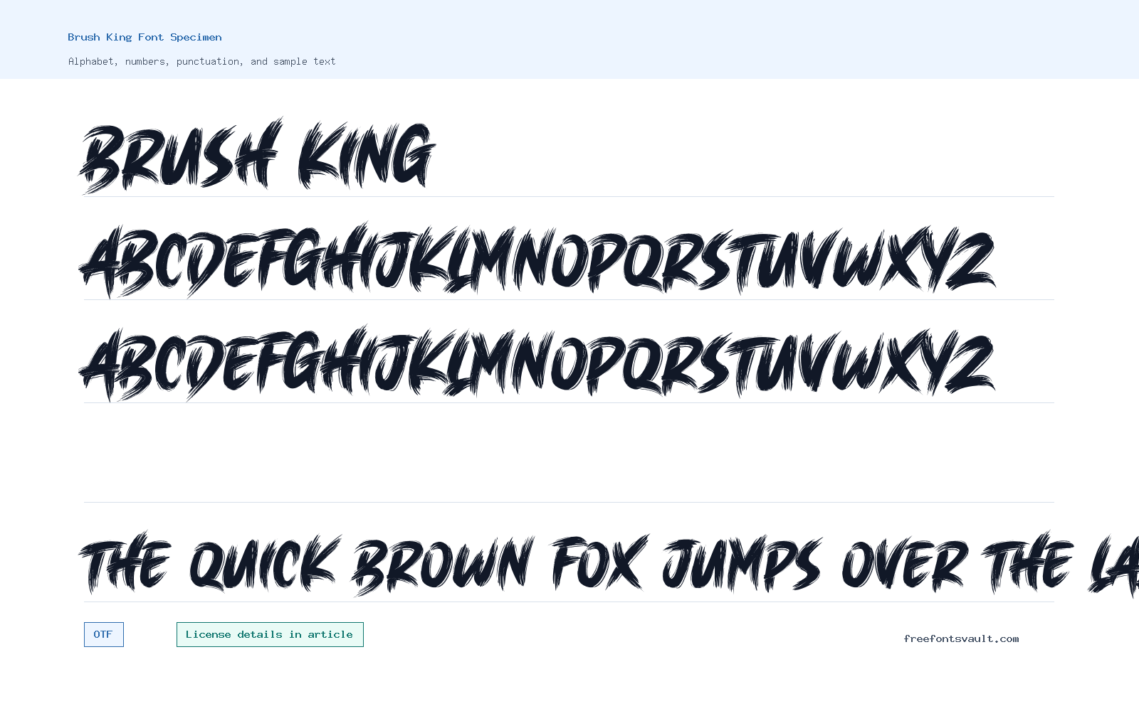 Brush King font specimen showing alphabet, numbers, and sample text