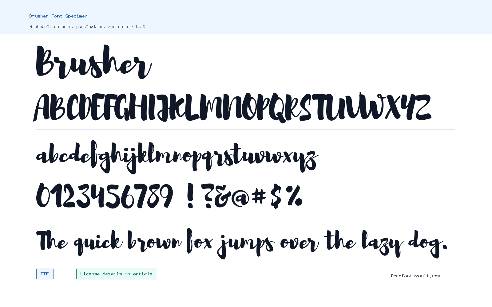 Brusher font specimen showing alphabet, numbers, and sample text