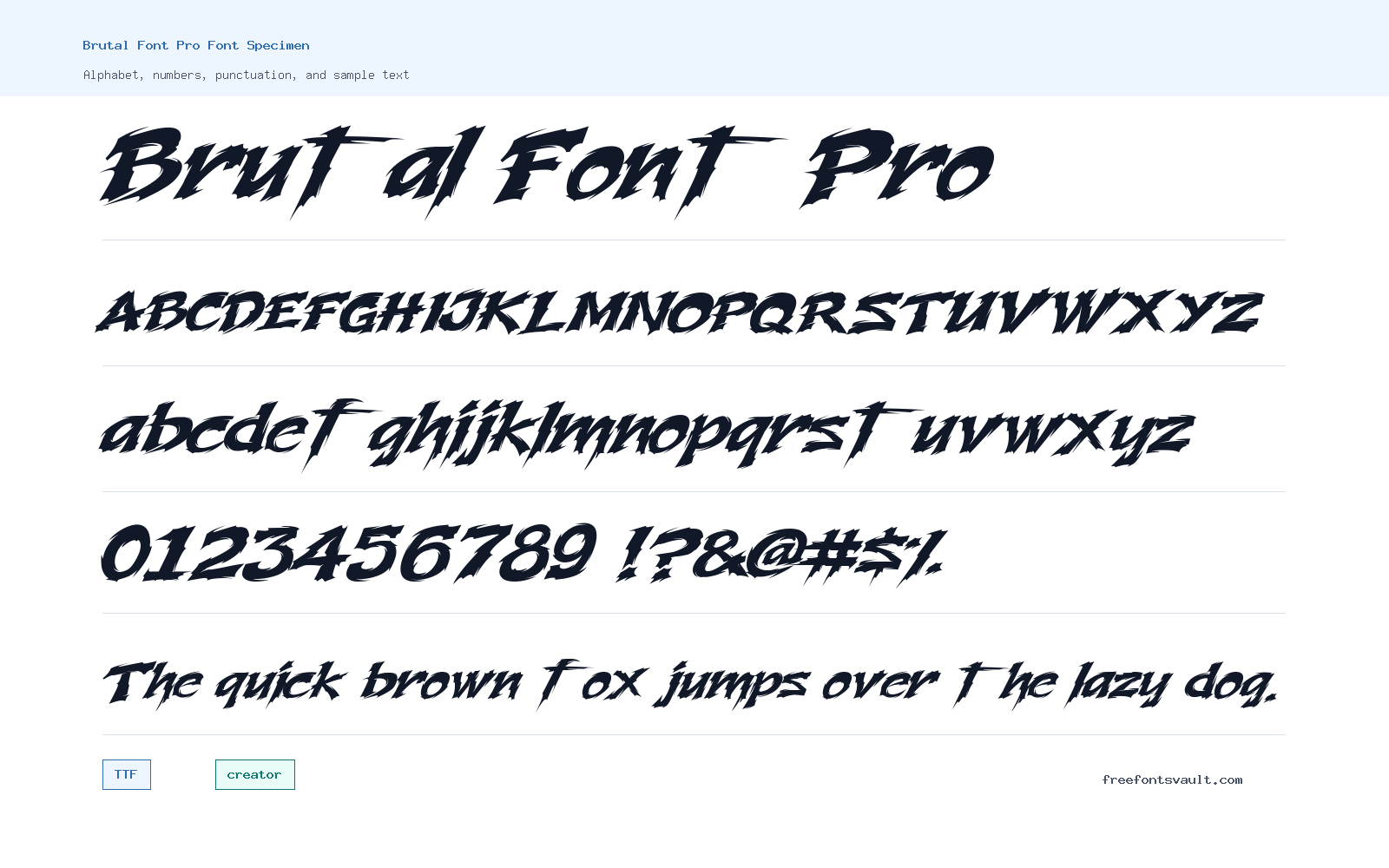 Brutal Font Pro font specimen showing alphabet, numbers, and sample text