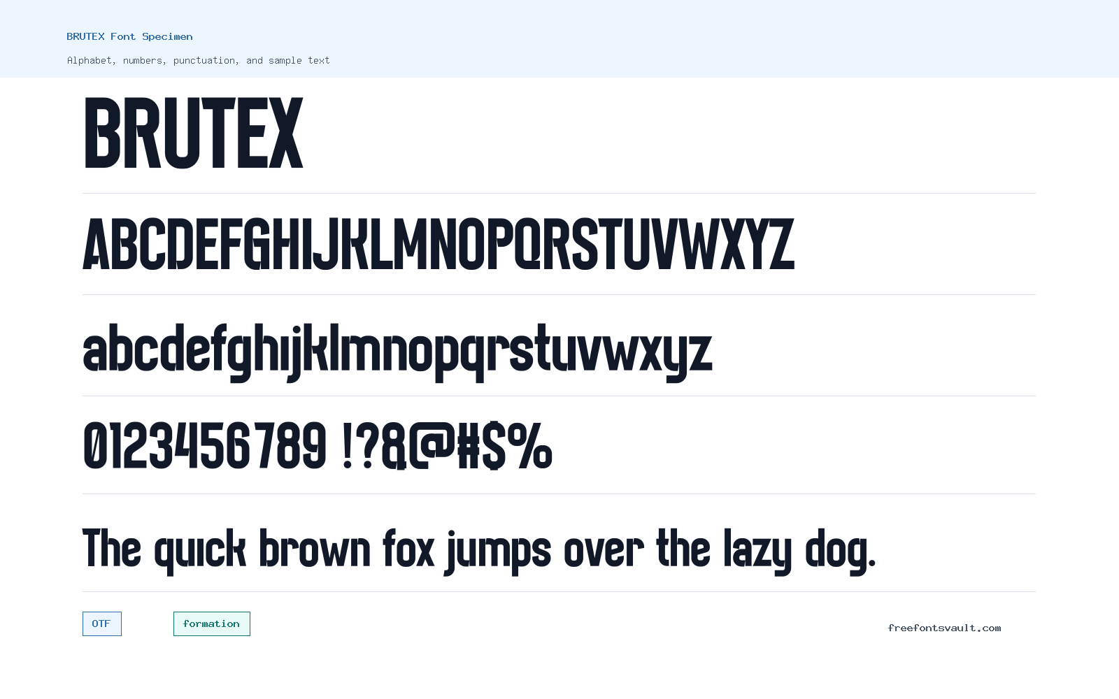 BRUTEX font specimen showing alphabet, numbers, and sample text