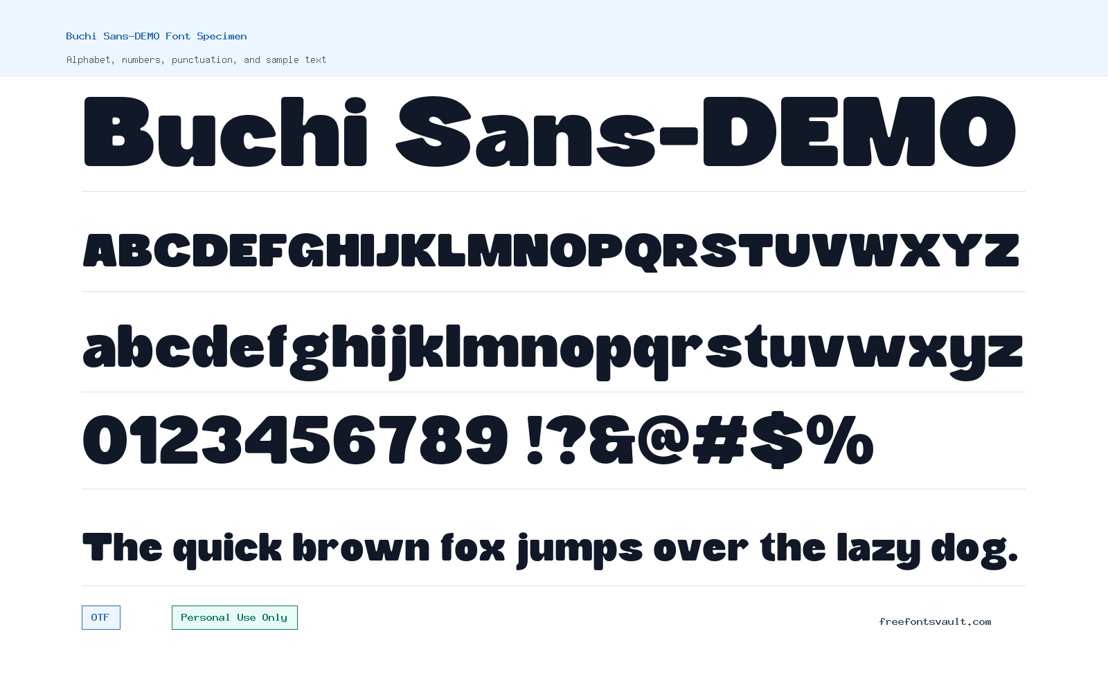 Buchi Sans-DEMO font specimen showing alphabet, numbers, and sample text