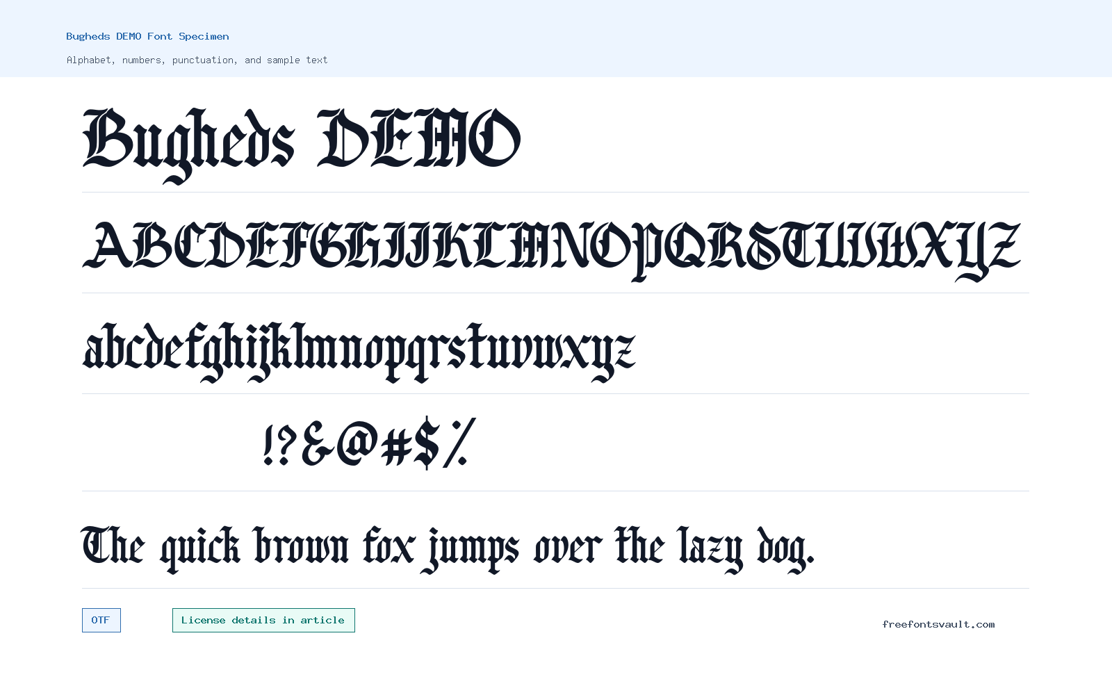 Bugheds DEMO font specimen showing alphabet, numbers, and sample text