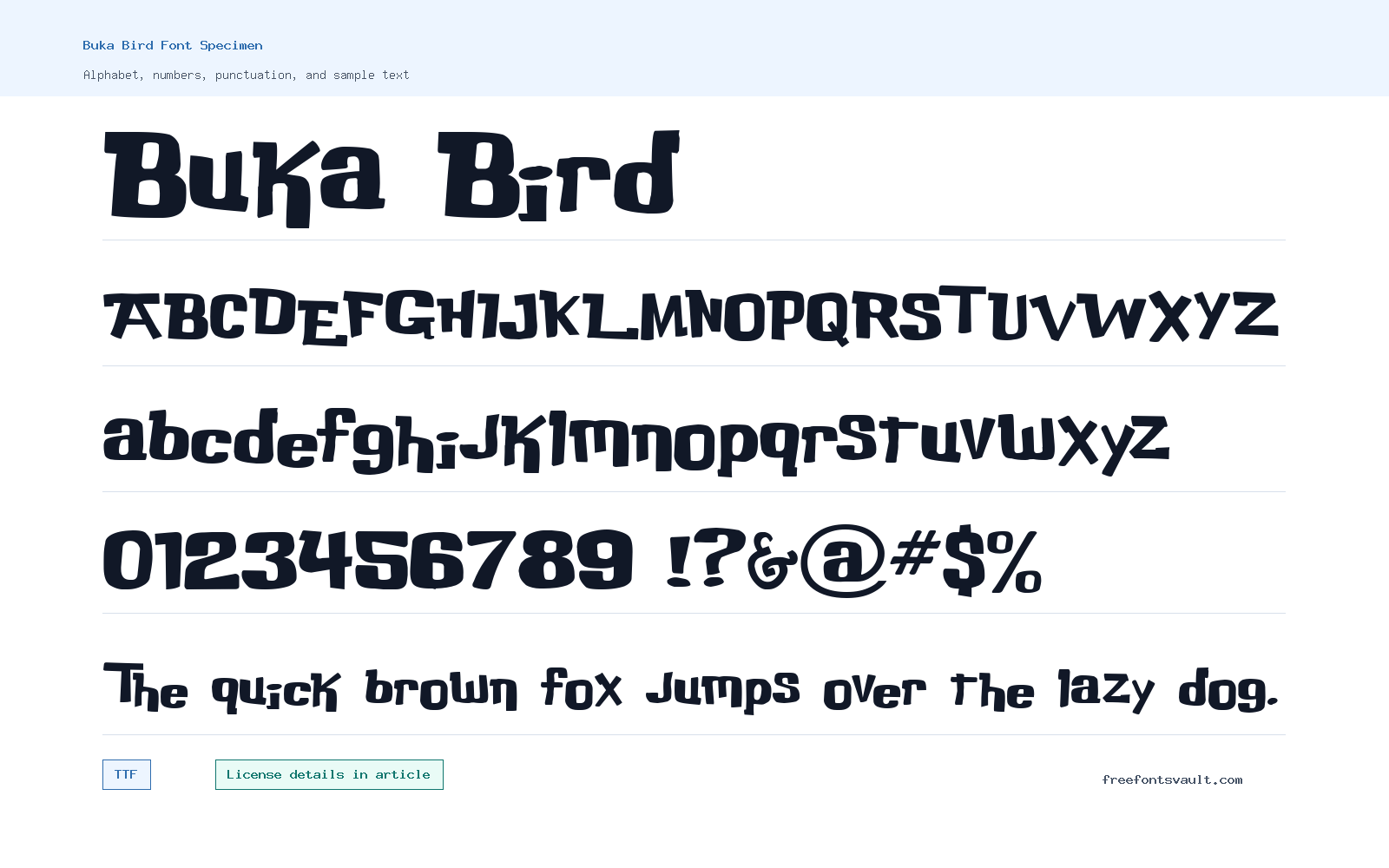 Buka Bird font specimen showing alphabet, numbers, and sample text