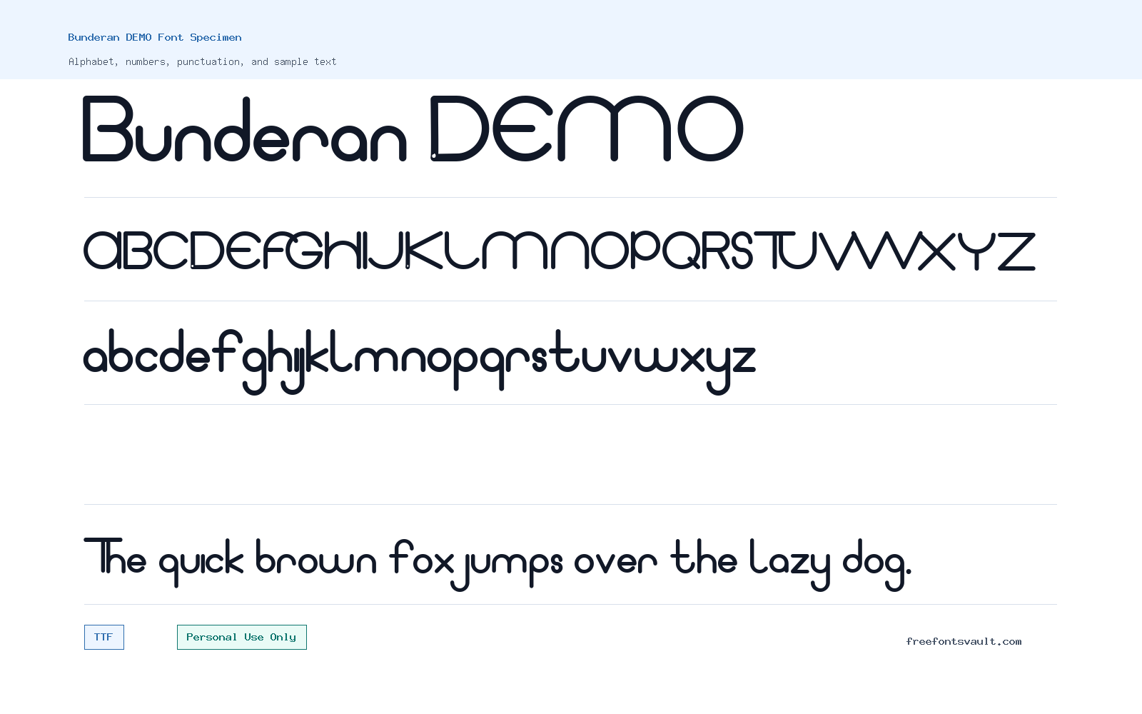 Bunderan DEMO font specimen showing alphabet, numbers, and sample text