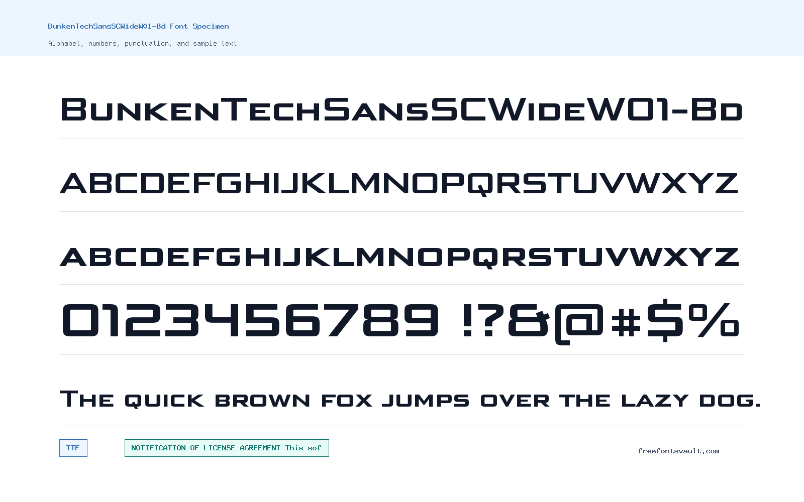 BunkenTechSansSCWideW01-Bd font specimen showing alphabet, numbers, and sample text