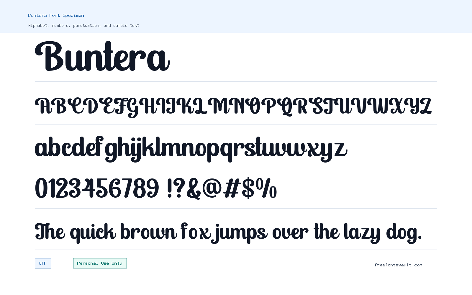 Buntera font specimen showing alphabet, numbers, and sample text