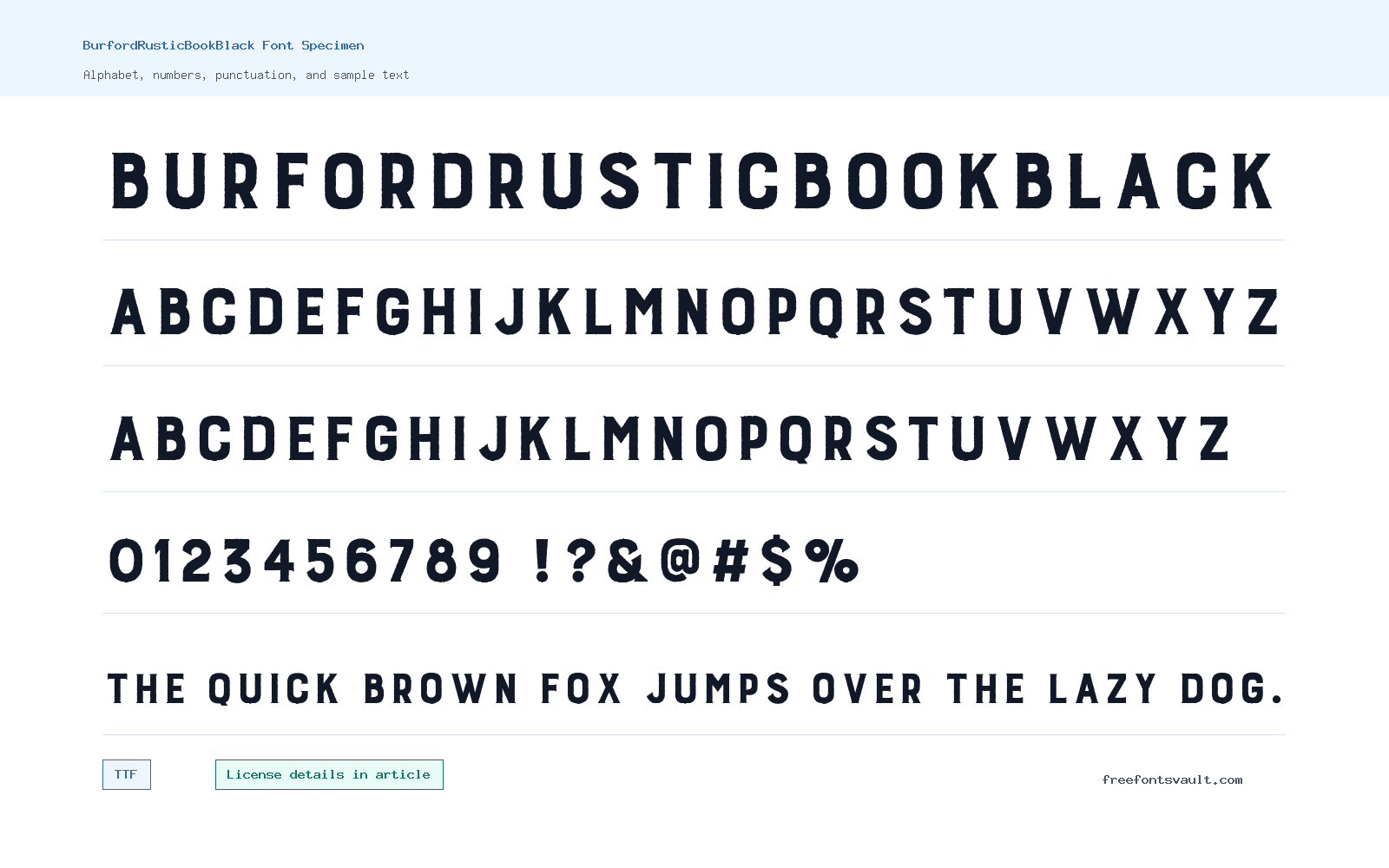 BurfordRusticBookBlack font specimen showing alphabet, numbers, and sample text