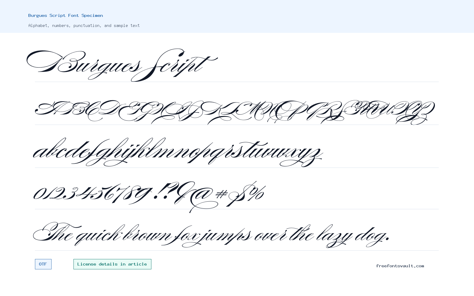 Burgues Script font specimen showing alphabet, numbers, and sample text
