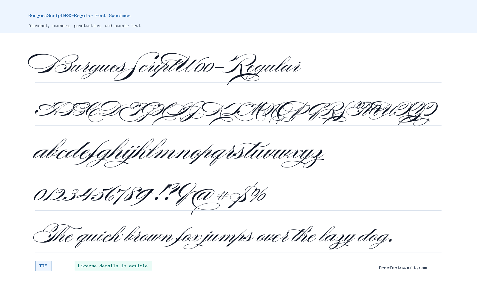 BurguesScriptW00-Regular font specimen showing alphabet, numbers, and sample text