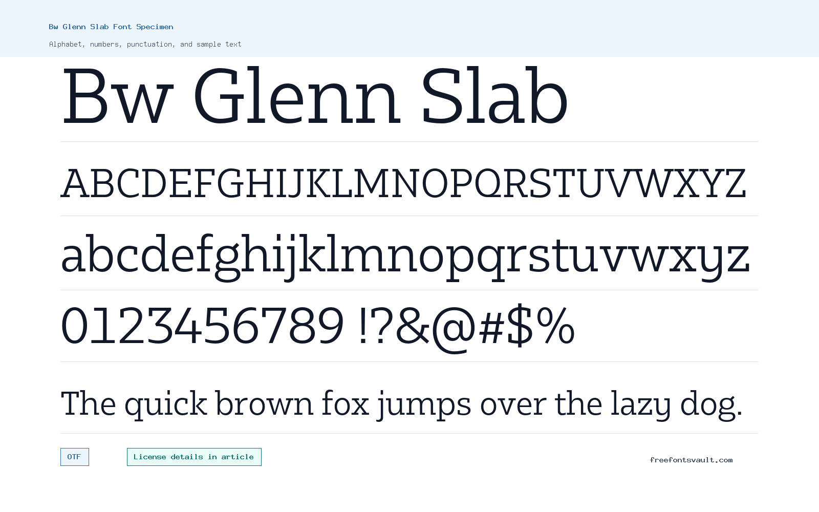 Bw Glenn Slab font specimen showing alphabet, numbers, and sample text