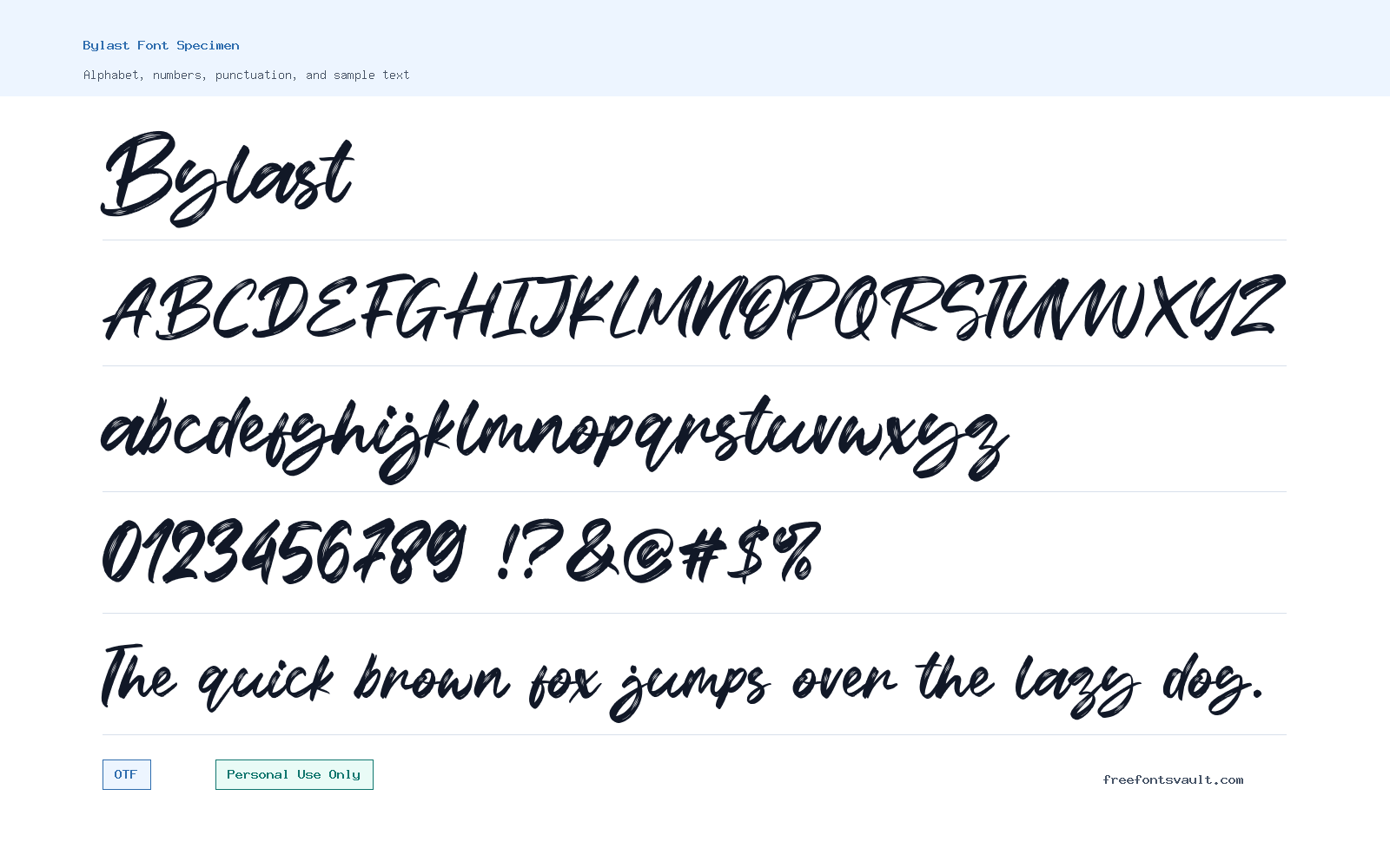 Bylast font specimen showing alphabet, numbers, and sample text
