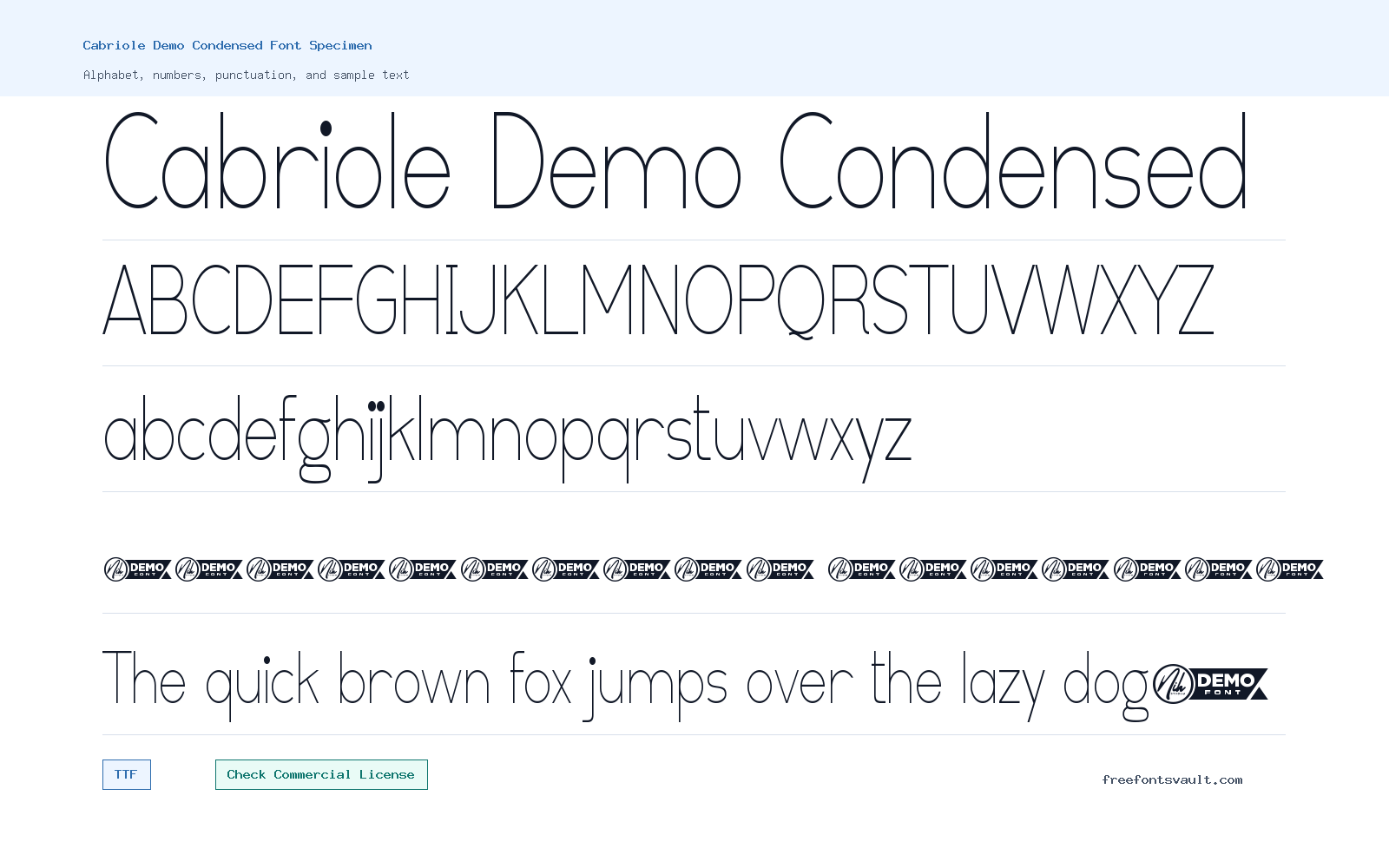 Cabriole Demo Condensed font specimen showing alphabet, numbers, and sample text