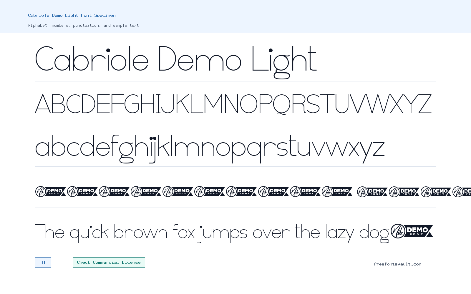 Cabriole Demo Light font specimen showing alphabet, numbers, and sample text