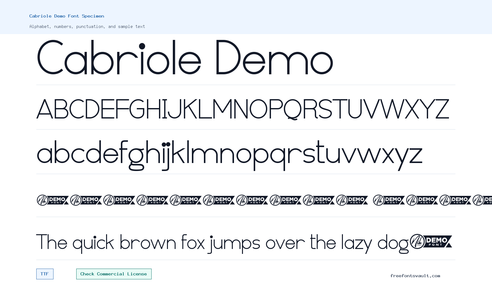 Cabriole Demo font specimen showing alphabet, numbers, and sample text
