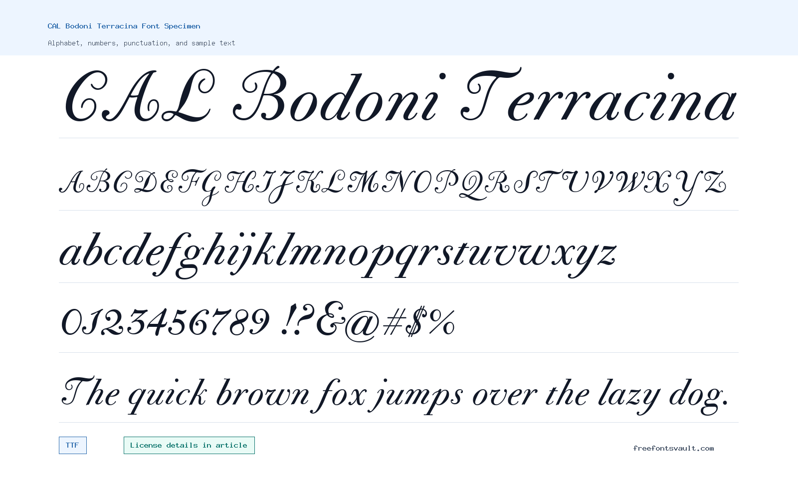 CAL Bodoni Terracina font specimen showing alphabet, numbers, and sample text