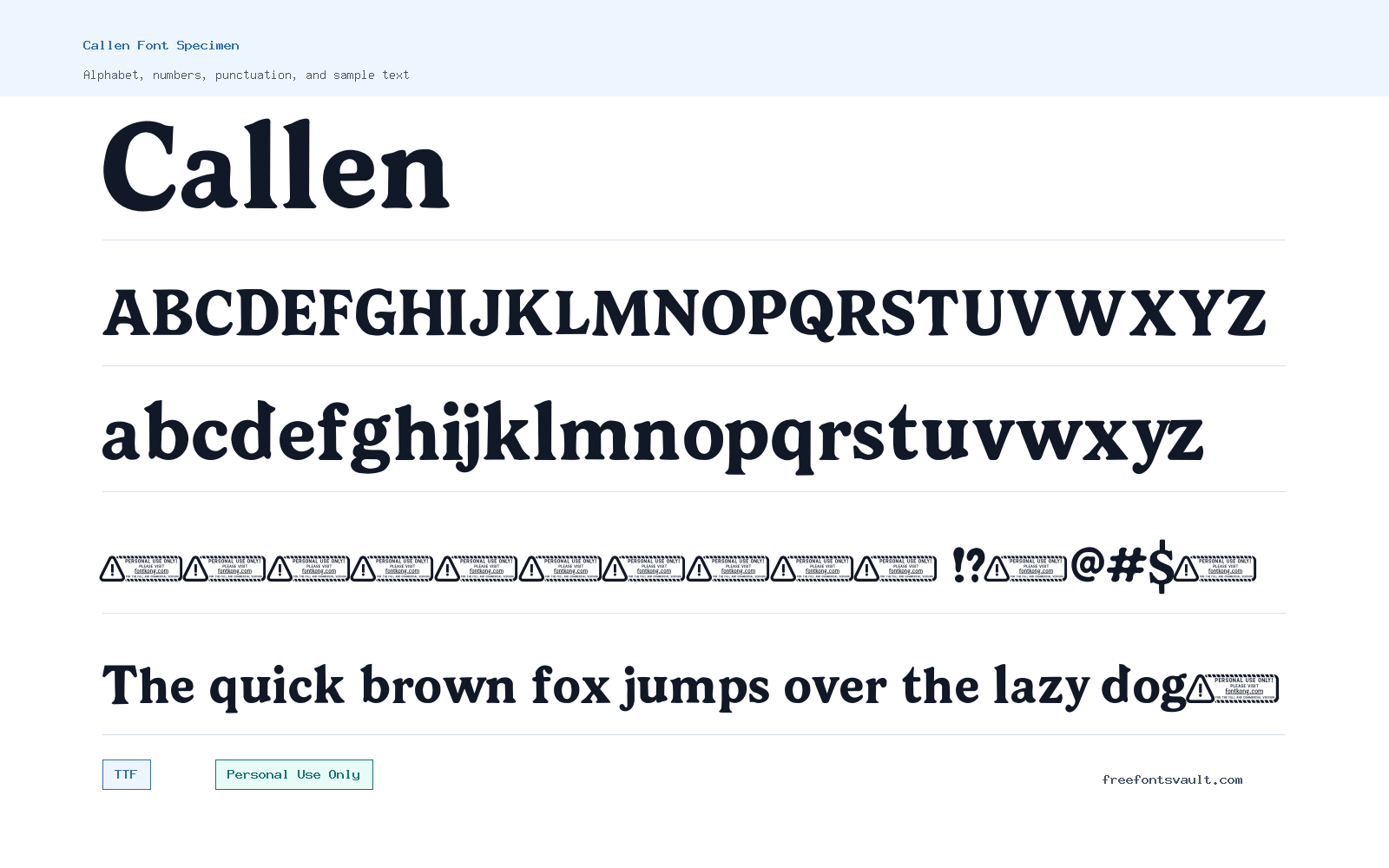 Callen font specimen showing alphabet, numbers, and sample text