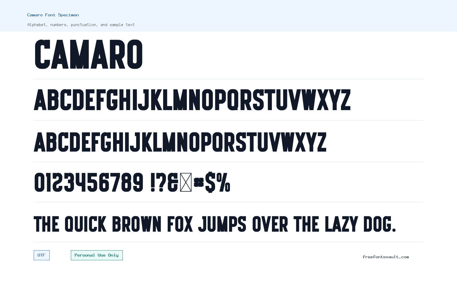 Camaro font specimen showing alphabet, numbers, and sample text
