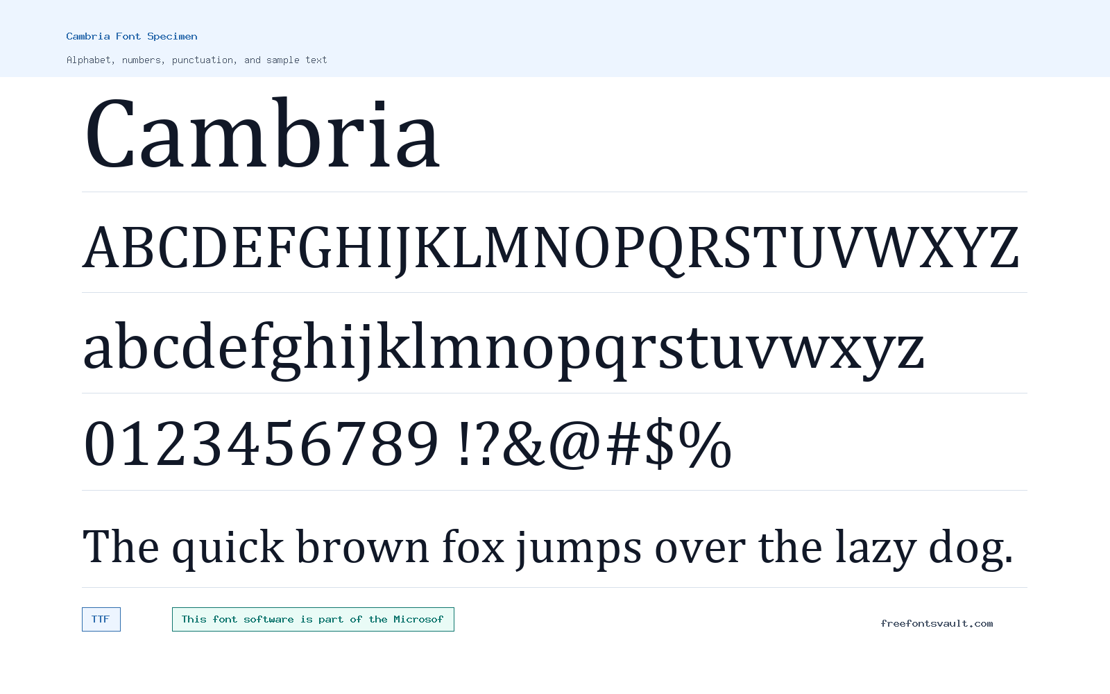Cambria font specimen showing alphabet, numbers, and sample text