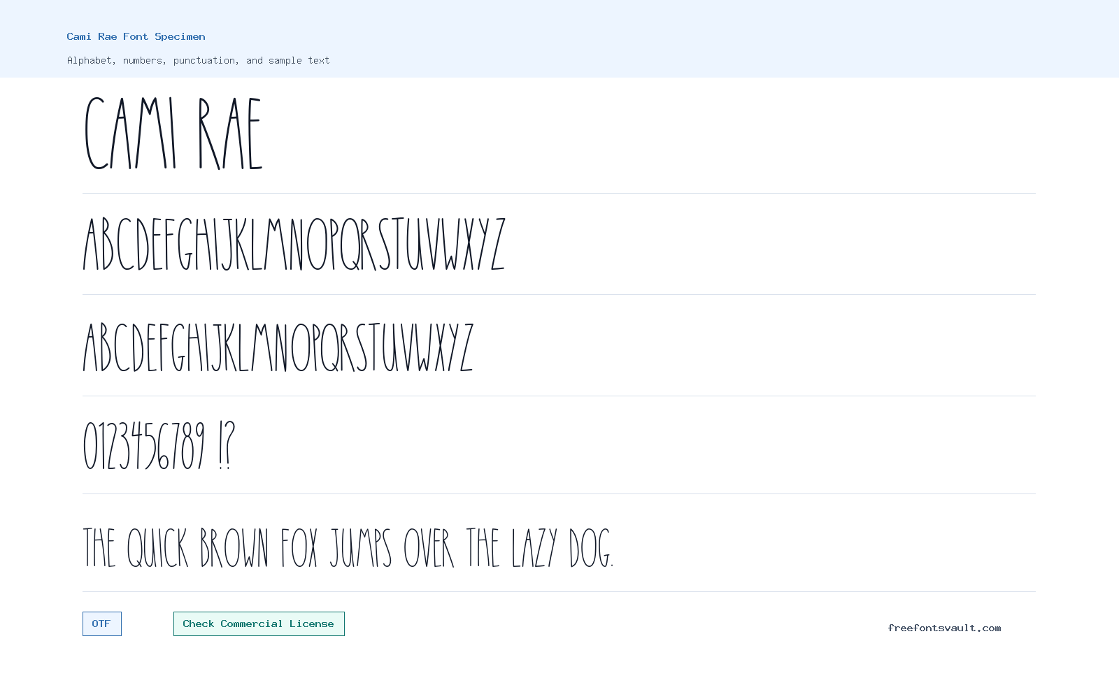 Cami Rae font specimen showing alphabet, numbers, and sample text