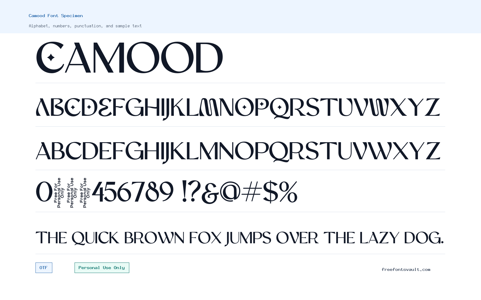 Camood font specimen showing alphabet, numbers, and sample text