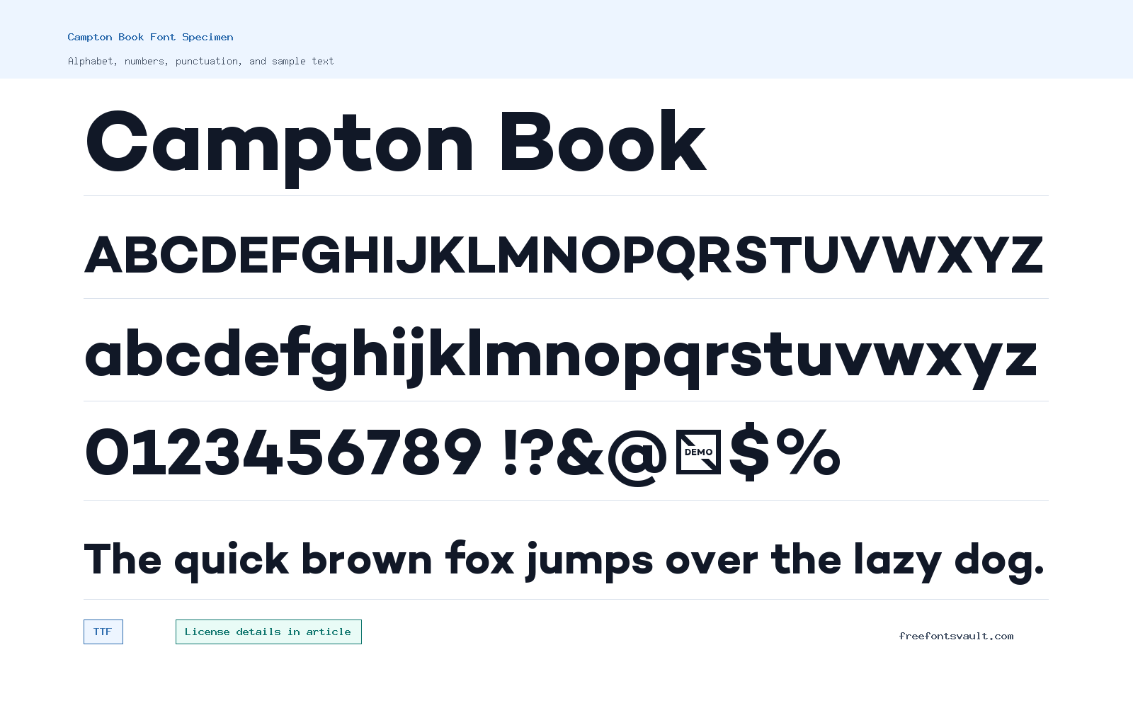 Campton Book font specimen showing alphabet, numbers, and sample text