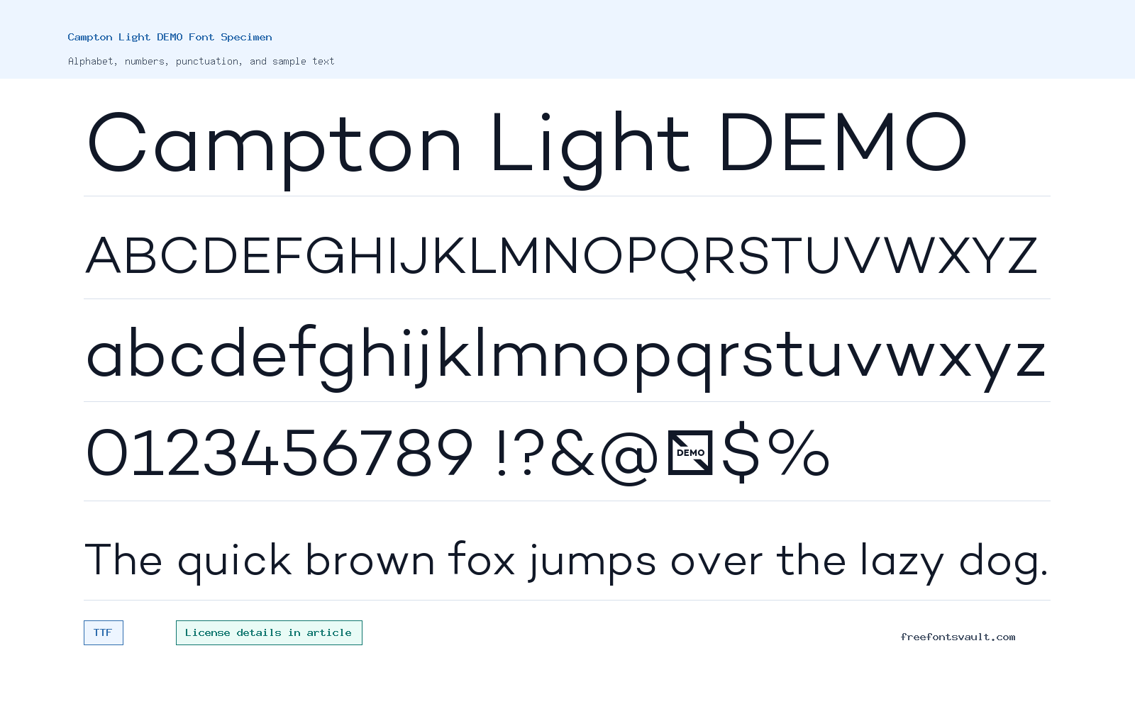 Campton Light DEMO font specimen showing alphabet, numbers, and sample text