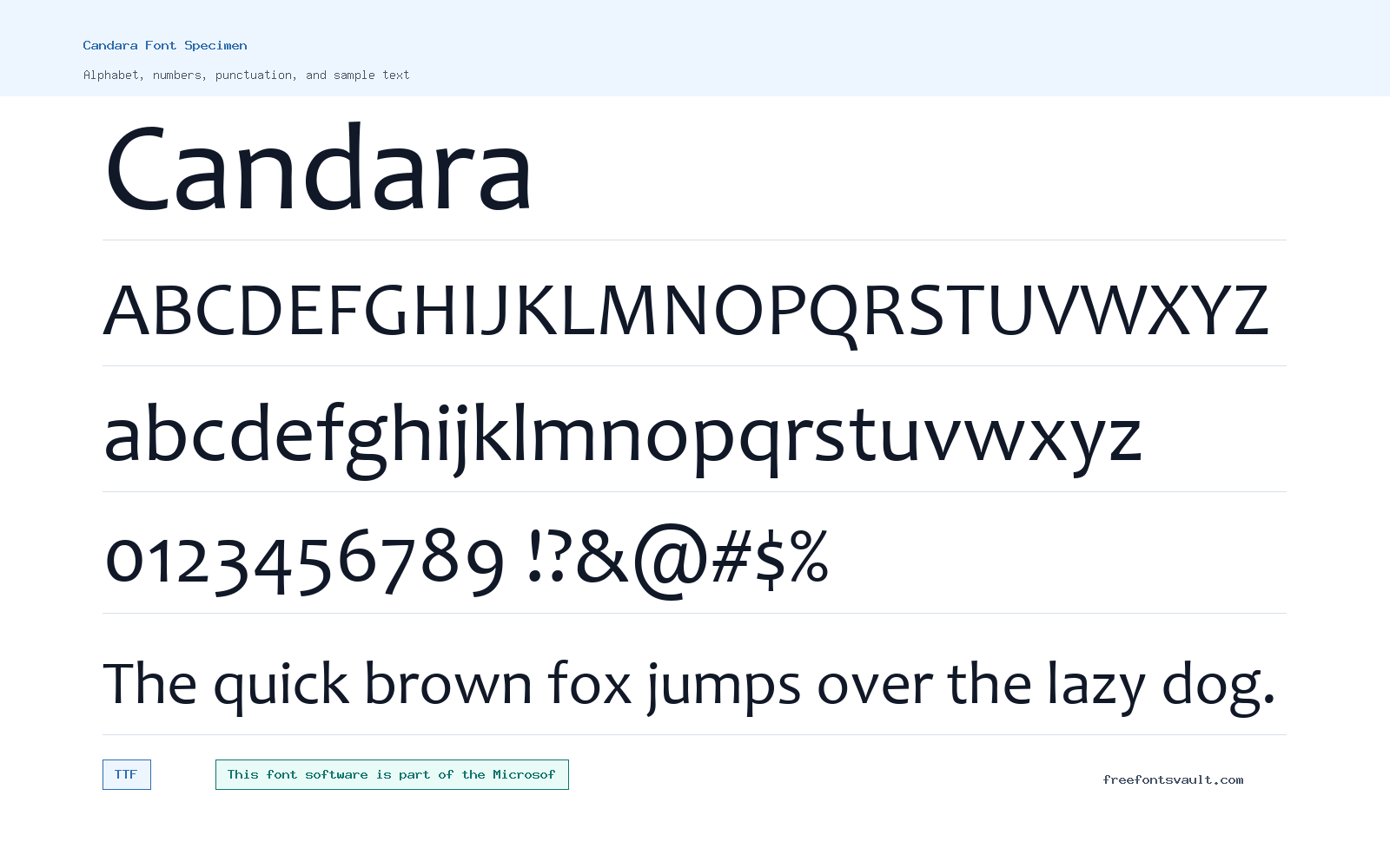 Candara font specimen showing alphabet, numbers, and sample text